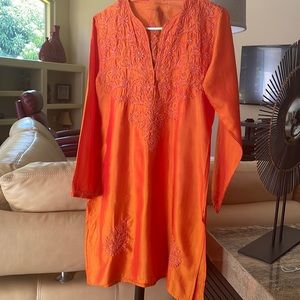 Shaded orange silk kurta with embroidery